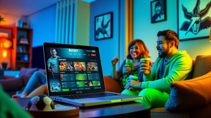 A group of friends enjoying sports betting at home on 8xbet.com.se.