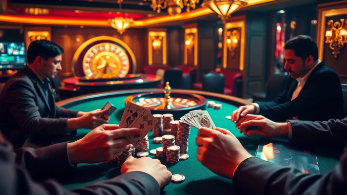 Engage in thrilling poker action at loto188.gb.net with vibrant casino table and luxurious ambiance.