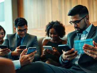 Dynamic betting scene featuring sbobet.dance users engaging with sleek mobile devices in a modern setting.