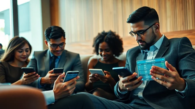 Dynamic betting scene featuring sbobet.dance users engaging with sleek mobile devices in a modern setting.