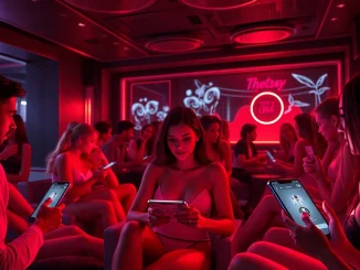 Interactive scene with characters and nsfw chat bot in a cozy lounge environment.