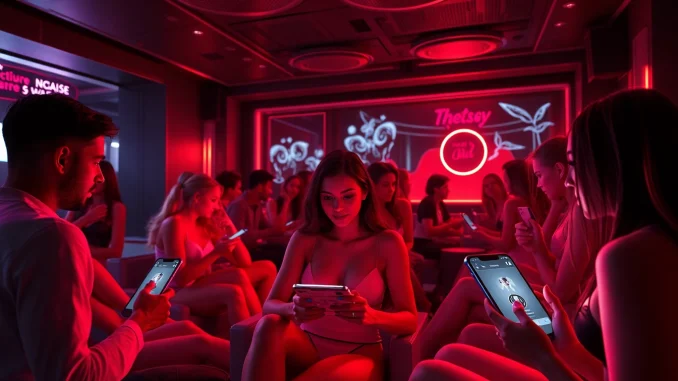 Interactive scene with characters and nsfw chat bot in a cozy lounge environment.