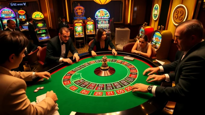Players experiencing the excitement of a casino roulette game at 32 win, surrounded by vibrant chips and cash.