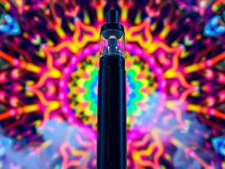 Find where to buy dmt featuring a vibrant DMT vape pen and psychedelic patterns.