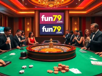 Engaging game scene at fun79 com showcasing roulette and poker activities in an elegant casino setting.
