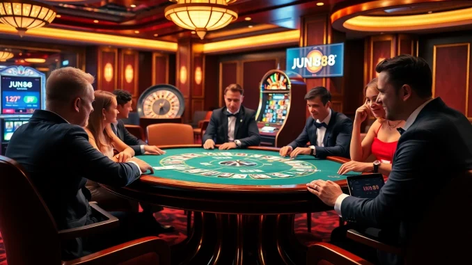 Exciting casino atmosphere at https://www.jun88.org/ with poker players, vibrant chips, and roulette.