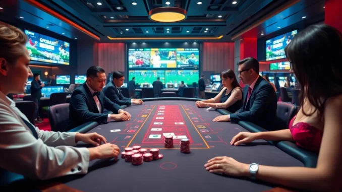 The lively casino scene at w88.nyc featuring a Baccarat game and sports betting atmosphere.