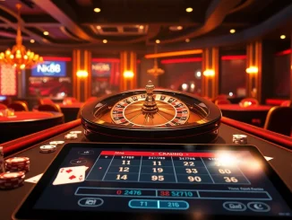 Play exciting games at nk88 casino featuring vibrant tables, roulette wheels, and luxurious atmosphere.