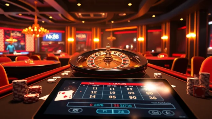 Play exciting games at nk88 casino featuring vibrant tables, roulette wheels, and luxurious atmosphere.
