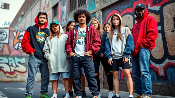 Streetwear clothes displayed by urban youth in a lively city scene.