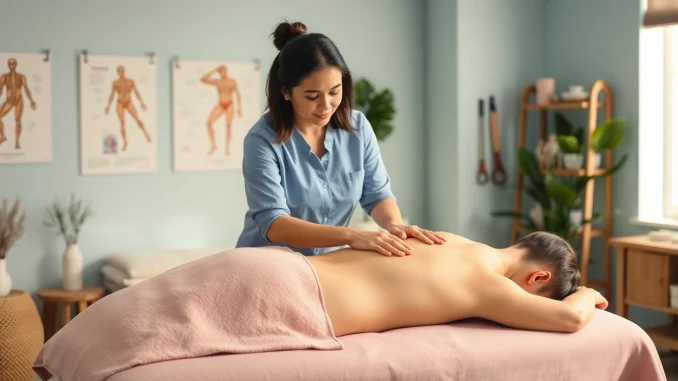 Myofascial release session showcasing a therapist applying gentle pressure to a client's back in a serene environment.