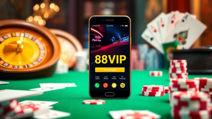 Tải App Nhà Cái 68VIP on a smartphone amidst vibrant gambling elements in a luxurious casino setting.