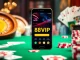 Tải App Nhà Cái 68VIP on a smartphone amidst vibrant gambling elements in a luxurious casino setting.