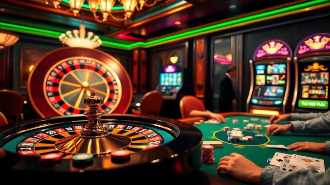 Experience the excitement of trang chủ nohu90 with a thrilling casino scene featuring roulette, poker, and slot machines.
