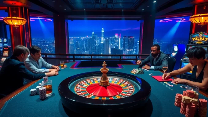 Nohu-themed vibrant casino scene with poker tables, roulette wheel, and skyline views.
