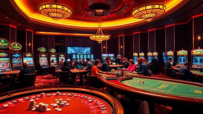 Engaged players at an lc88 casino table enjoying a vibrant gambling experience with roulette and poker.