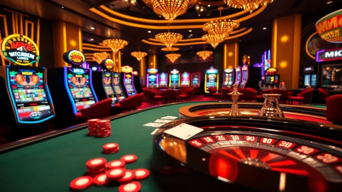 Engaging casino scene showcasing MK8 with vibrant table games and slot machines.